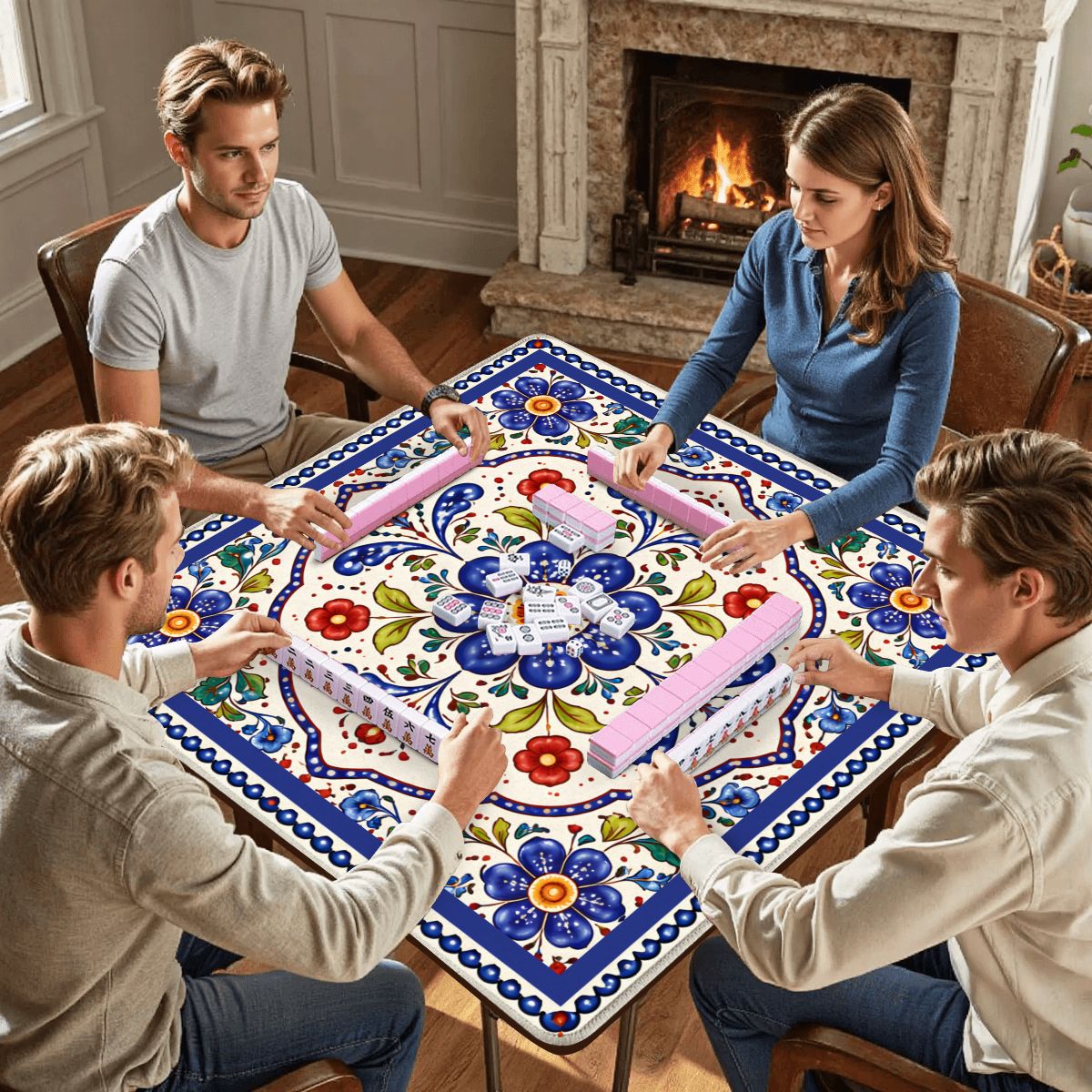 Blue Porcelain Garden Mahjong Mat